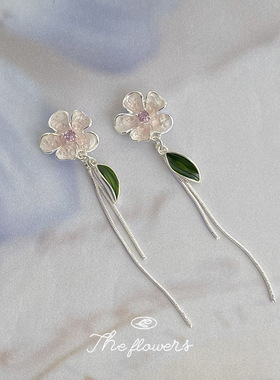 微镶锆石玻璃水晶清新甜美长款流苏花朵银针耳饰优雅新款耳环