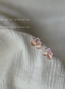 樱桃微镶锆石@925银针镀14K玻璃猫眼石耳钉女日韩甜美ins耳饰耳环