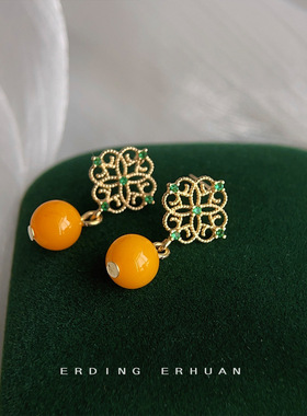 新中式复古宫廷合成仿蜜蜡925银针镀14K耳钉手作设计感耳饰女