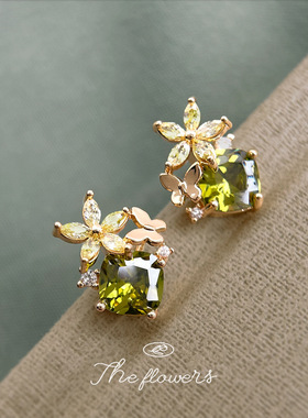 森系橄榄绿锆石925银针镀14K花朵蝴蝶清新甜美耳饰工厂耳钉供应链