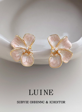 清新甜美微镶锆石925银针珐琅滴釉渐变色花朵耳饰女 保色电镀耳钉