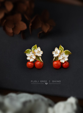 原创~珐琅滴釉柿子花朵925银针设计师款新款耳饰耳钉饰品