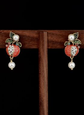 中古风vintage耳环珐琅珍珠粉红荔枝耳钉镀真金国风甜美女式耳饰