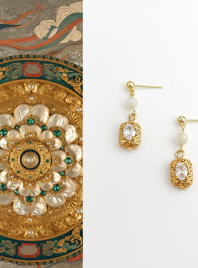 国风原创复古新中式几何镂空纹样锆石耳环文艺轻奢法式高级感耳饰