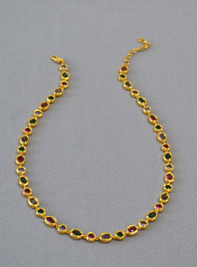 日韩甜美风彩色宝石镶嵌不规则纹理黄铜镀金气质短款项链锁骨链女