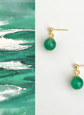 原创国风新中式天然绿玛瑙耳钉复古气质耳环清冷感民族风绿色耳饰