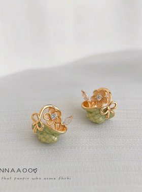 原创森系花篮手工彩绘珐琅滴釉s925银针微镶锆石耳钉田园风耳饰女