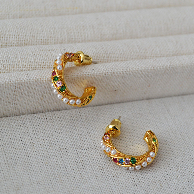 日韩小众设计清新彩色锆石珍珠黄铜镀金简约麻花925银针耳钉耳饰,饰品/流行首饰/时尚饰品新,耳钉,淘宝优惠券,粉丝福利购,淘宝优惠卷