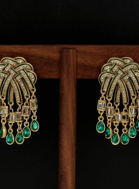 中古风vintage镶锆水滴形流苏墨绿珐琅线条丝带耳钉女士耳饰