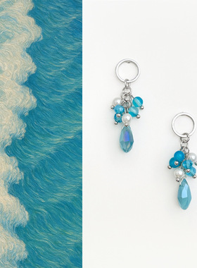 国风原创手作新中式蓝色水晶串珠流苏耳扣小众设计清新甜美耳饰女