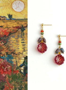 莫奈~复古文艺撞色琉璃串珠花朵耳环小众设计师款油画感流苏耳饰