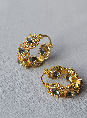 欧美小众复古黄铜镀金烟灰色玻璃水晶闪钻花朵奢华高级感耳环耳饰