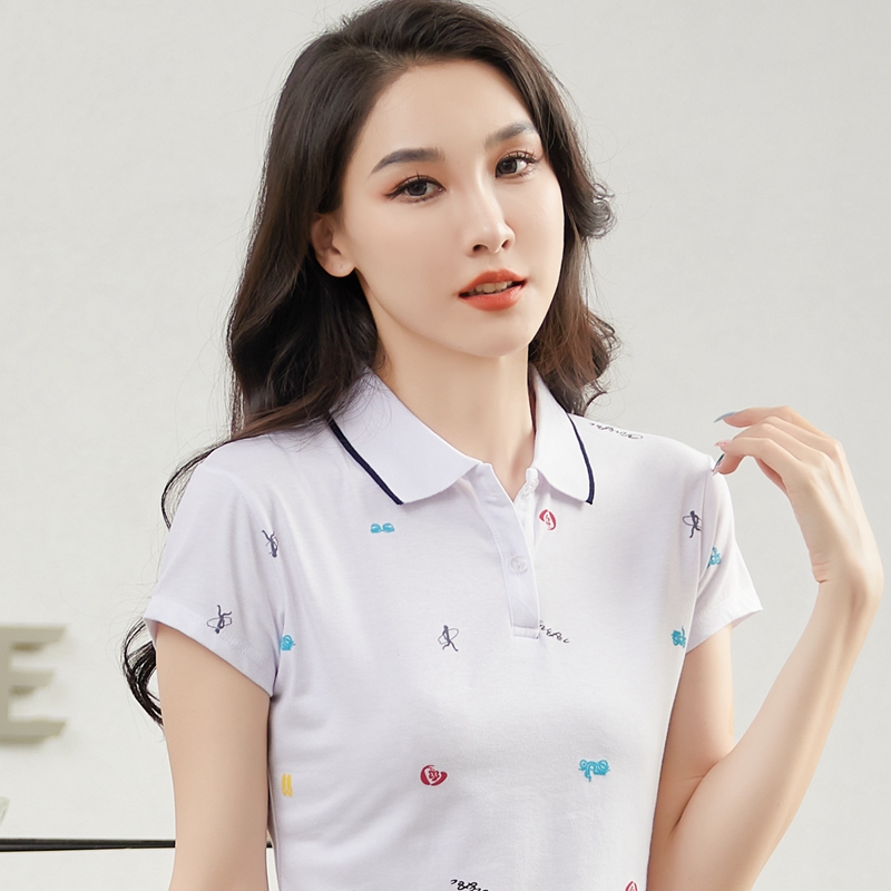 有带领短袖t恤女夏季2025年新款休闲运动显瘦翻领字母上衣ins潮