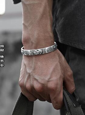 纯银9999招财转运平安貔貅手镯男女心经足银开口实心宽手环潮霸气