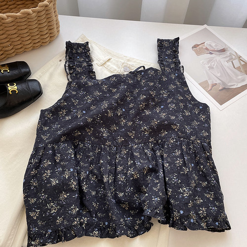 森系复古碎花方领棉麻背心女夏