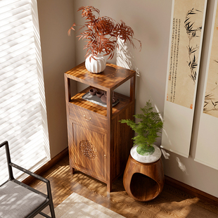 复古中式角柜榆木客厅小立柜单门储物柜全实木复古置物架雕花边柜