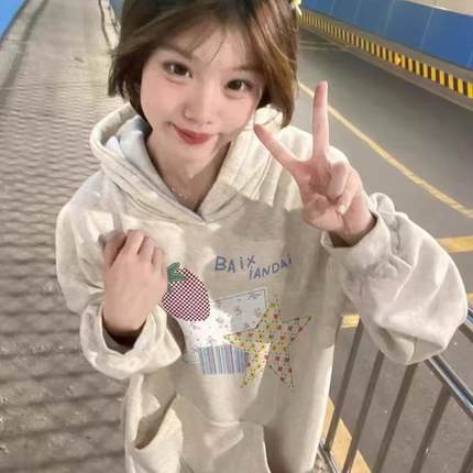 女童美式hiphop小个子连帽卫衣秋冬季加绒小众设计感印花大童上衣