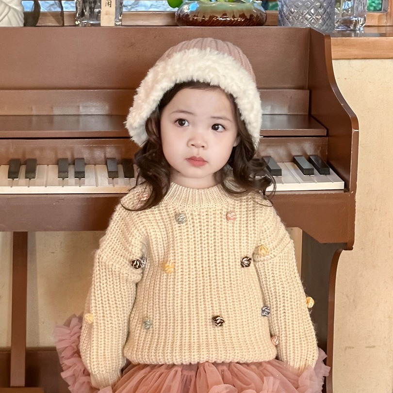 欧美ins女童毛衣羊毛混纺彩色手工球球圣诞毛衣小童秋冬加厚宽松