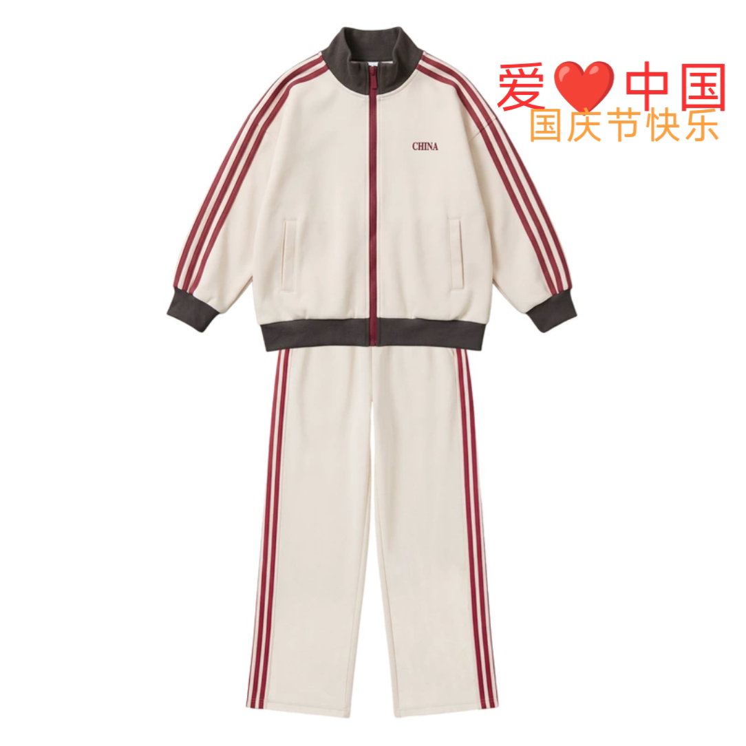 国庆中国风2026新款男童纯棉卡其色拉链卫衣女运动套装棒球服亲子
