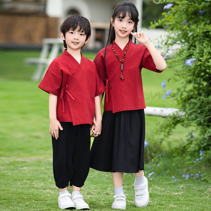中秋国风2026夏季女中袖民国风汉服套装男童暗红色古风居士服亲子