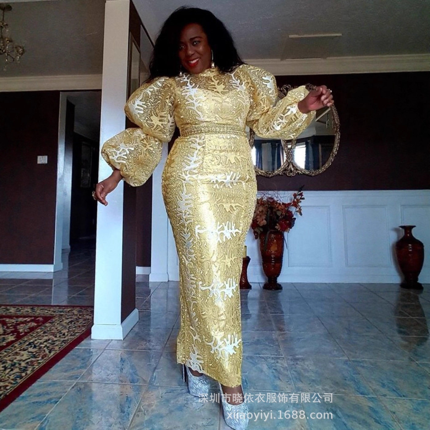 亚马逊跨境欧美新款女装热卖气质通勤外贸高腰长袖收腰连衣裙长裙