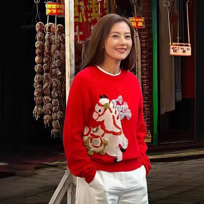 26早春高圆圆同款重工红色小马图案提花新年羊毛针织毛衣女51874