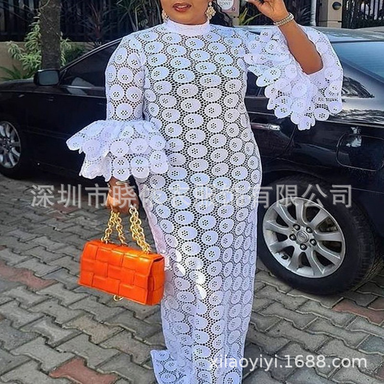 亚马逊跨境外贸欧美气质通勤大码装女装水溶花边喇叭袖连衣裙晚礼