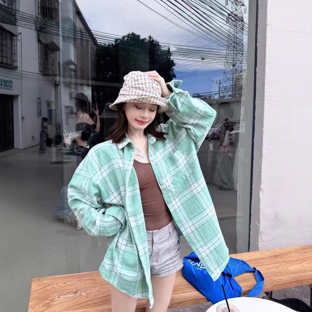 【工厂现货】 绿色纯棉格子衬衫女内搭叠穿打底上衣宽松显瘦衬衣
