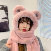 帽子围巾一体女冬天保暖毛绒加厚可爱小熊耳朵连帽多巴胺防寒围脖