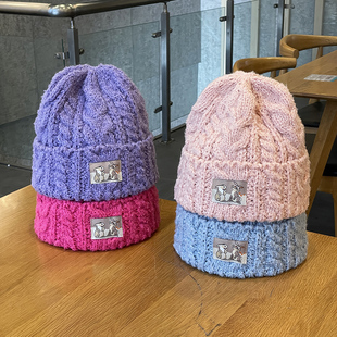 玫红色紫色兔子布标麻花弹性毛线帽子女秋冬天大头保暖护耳针织帽