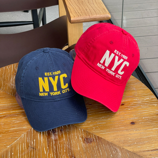 字母NYC基础款大红色棒球帽子女四季纯棉春游中国红软顶鸭舌帽男