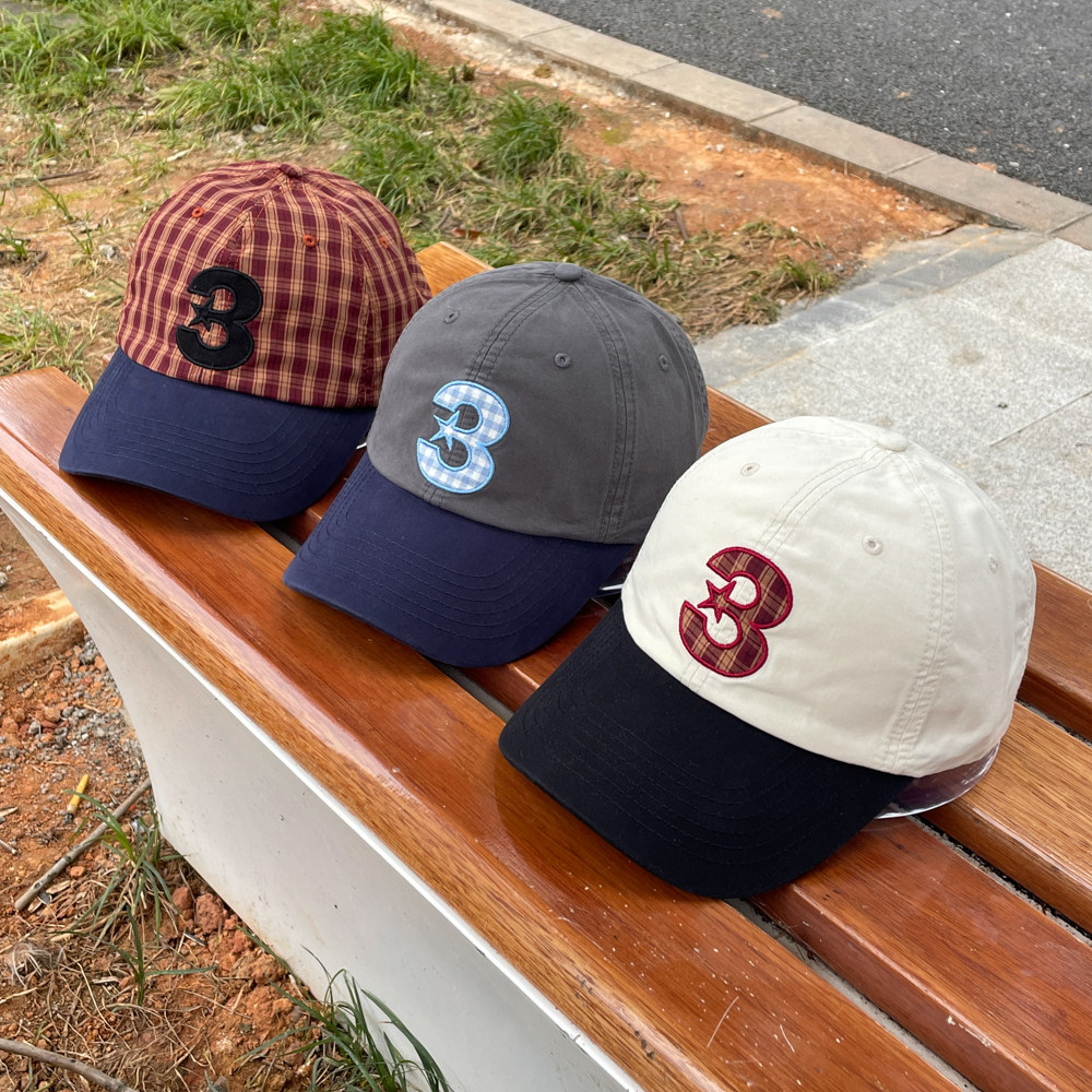 新中古风格子拼色刺绣数字3棒球帽子女情侣出街百搭潮牌鸭舌帽男