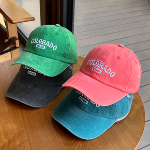 情侣水洗做旧牛仔布字母刺绣棒球帽子女宽檐显脸小绿色鸭舌帽子男