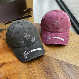 做旧重工复古刺绣棒球帽子女2025新款 潮流情侣百搭显脸小鸭舌帽男