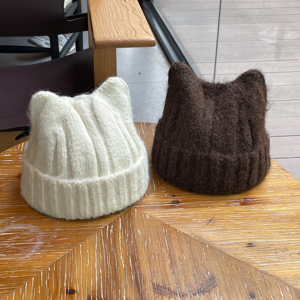 秋冬季可爱猫耳朵毛线帽子女款针瓜皮帽男痞帽地主帽织帽冷帽女