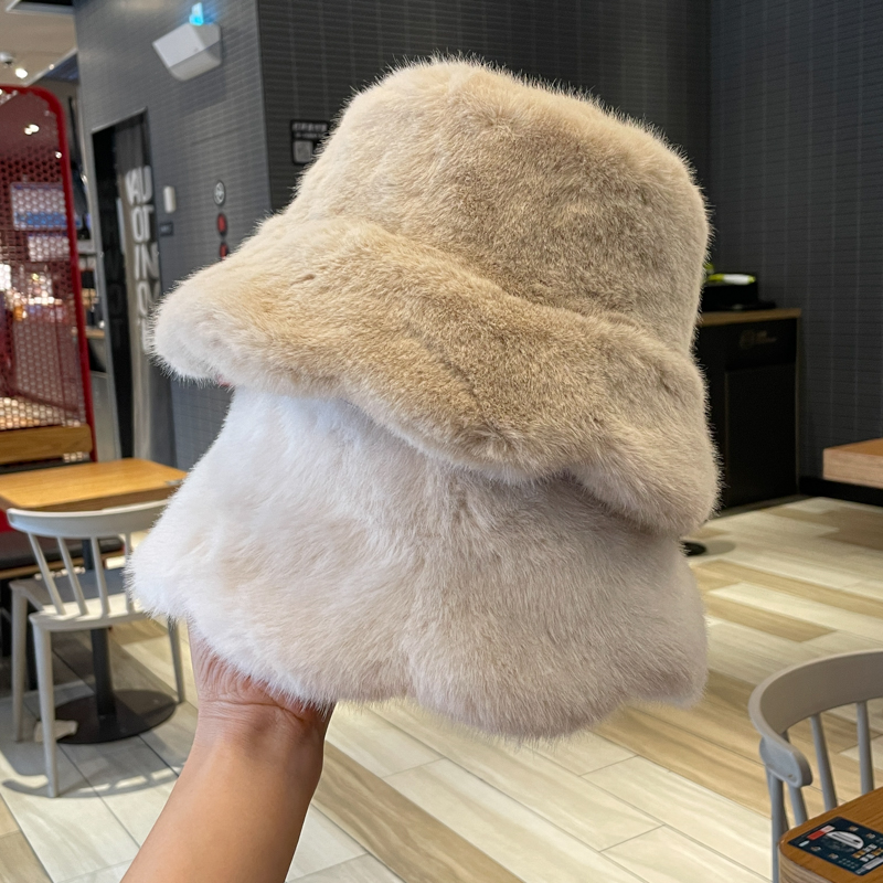 冬季荷叶边毛绒绒渔夫帽子女网红同款仿皮毛一体日系潮流盆帽女