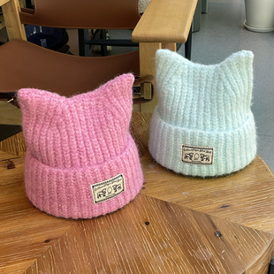 可爱猫耳朵毛线帽子女情侣冷帽秋冬季加厚防寒保暖针织毛绒帽男