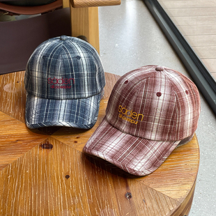 大头复古格纹棒球帽子女四季款遮阳透气春秋休闲显脸小鸭舌帽子男