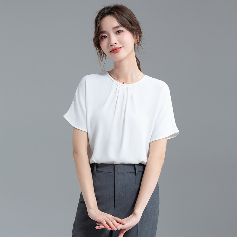 白色圆领衬衫女2025夏季薄款高级感气质雪纺上衣职业通勤短袖衬衣