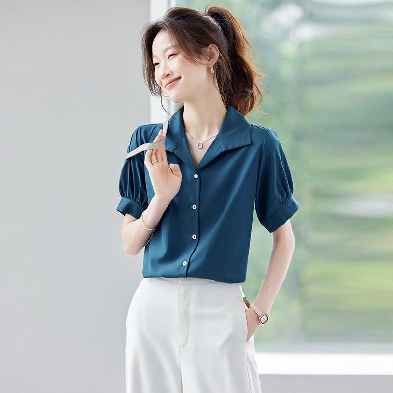 短袖衬衫女夏季2025新款法式高级感面试职业装上衣泡泡袖雪纺衬衣