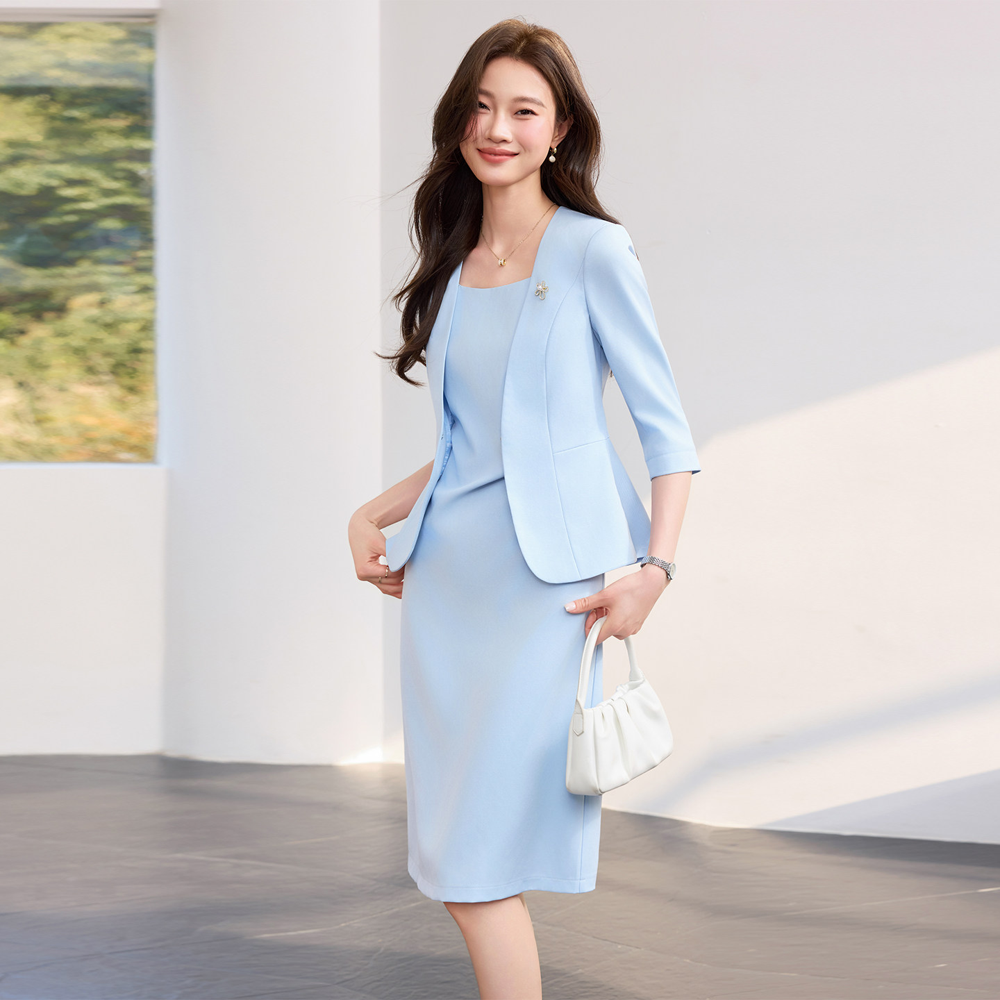 无领小西装外套女士中袖薄款职业修身气质显瘦西服无袖连衣裙套装