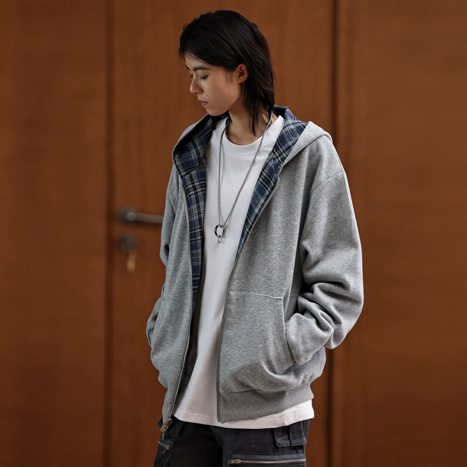 Nobodyknows双面穿蓝格纹拉链卫衣短宽男女开衫外套百搭情侣上衣,男装,夹克,淘宝优惠券,粉丝福利购,淘宝优惠卷