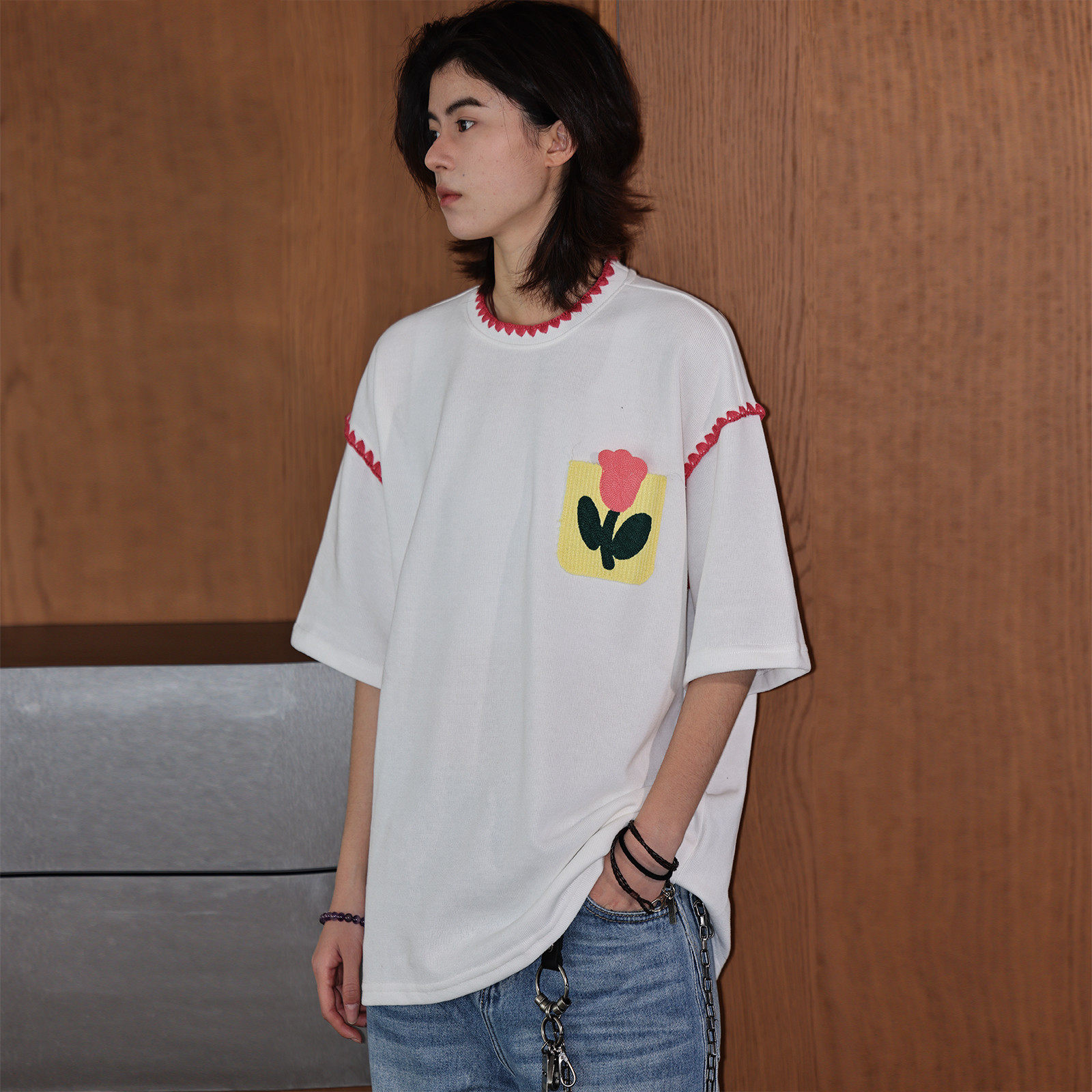 Nobodyknows夏季新款重磅百搭小众潮流花朵刺绣图案短袖T恤衫情侣