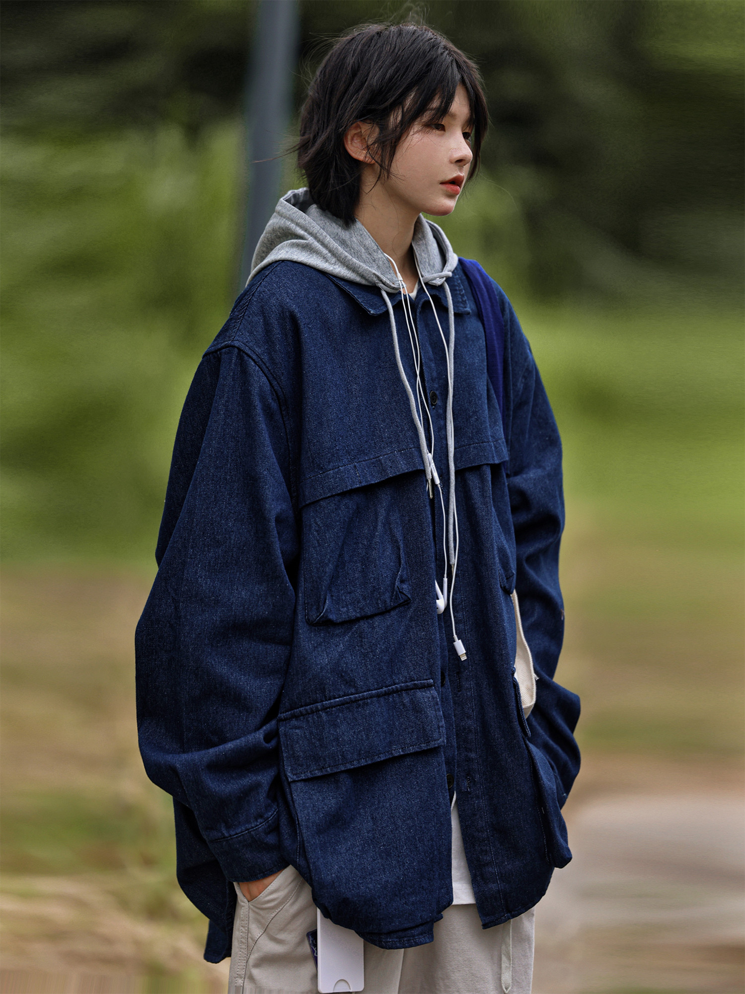 连帽工装夹克日系牛仔外套假两件