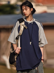 T恤 条纹拼色宽松情侣百搭纯棉圆领短袖 Nobodyknows夏季 基础插肩袖