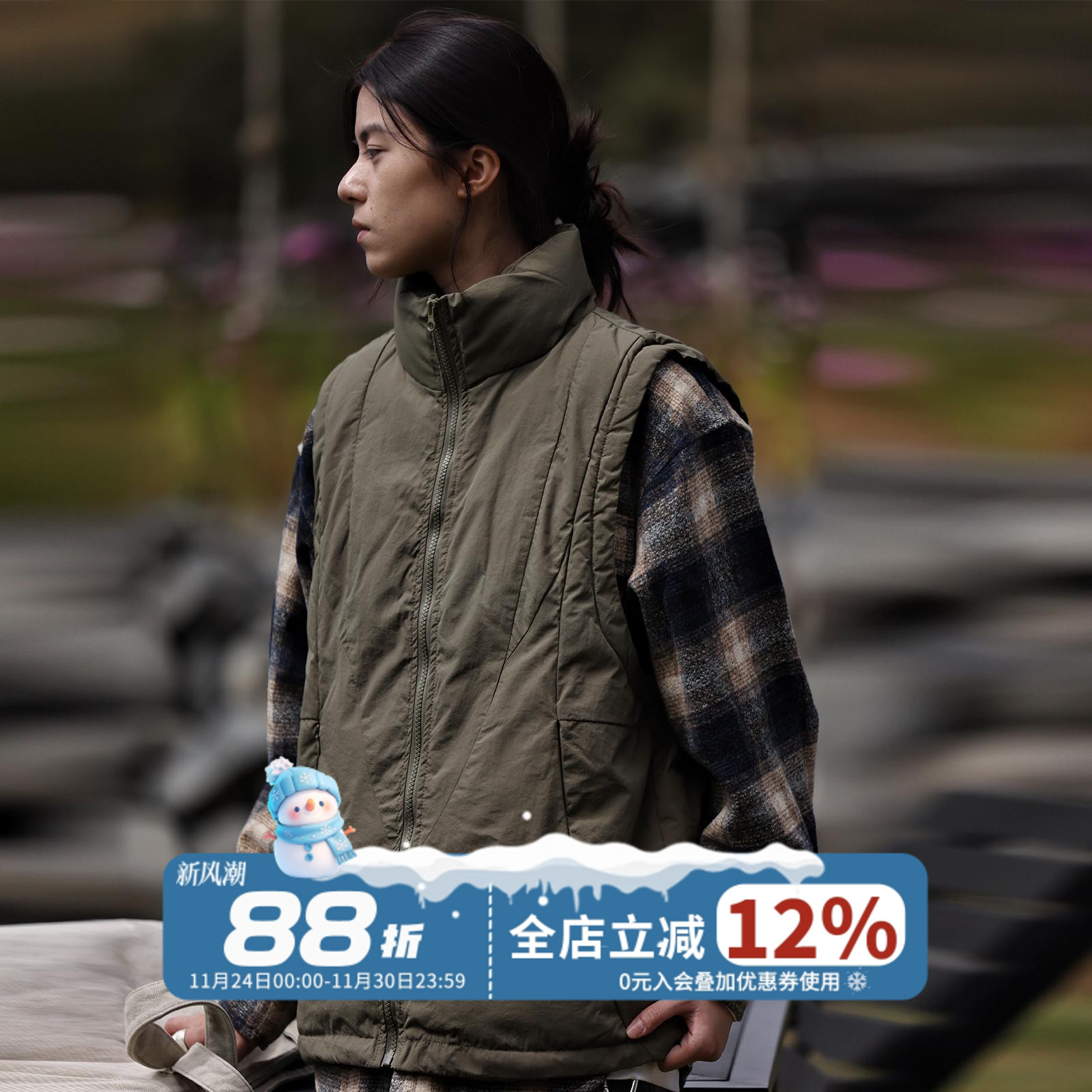 Nobodyknows冬季新款复古分割立领保暖加厚宽松坎肩宽松棉服马甲