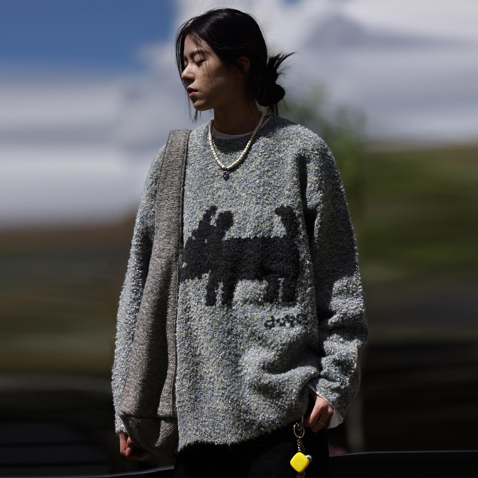 Nobodyknows春秋趣味小狗插画刺绣针织衫毛衣情侣多色慵懒感毛绒