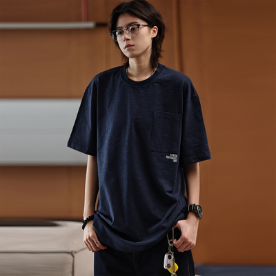 日系复古竹节棉刺绣圆领短袖T恤