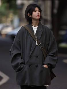 男外套 Nobodyknows春秋日系雙排扣肌理質感復古簡約西服寬松西裝