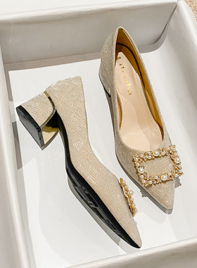 晚晚鞋法式高跟粗跟尖头配裙子单鞋女2025新款秋季大码女鞋41-43